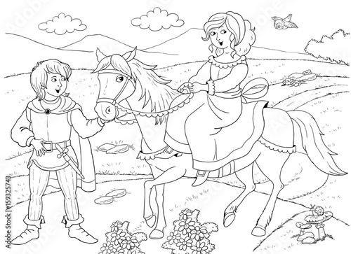 Fairy tale. Coloring book. Coloring page. Cute and funny cartoon characters