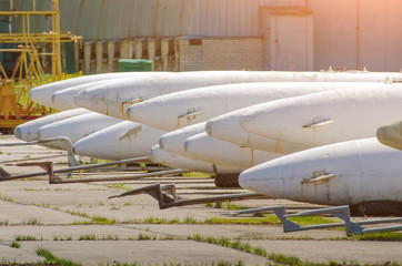 Wall Mural - Warhead missiles, in the ammunition depot for aircraft.