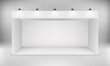 Exhibition white empty vector booth. Trade exhibition standard stand with spotlights.  