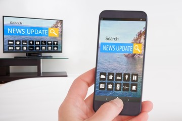 Poster - Composite image of female hand holding a smartphone