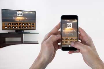 Poster - Composite image of female hand holding a smartphone