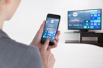Poster - Composite image of close-up of businesswoman using mobile phone