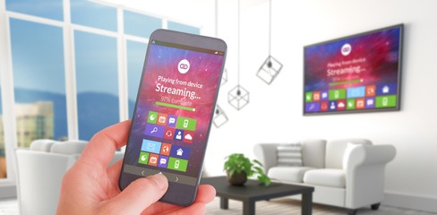 Poster - Composite image of female hand holding a smartphone