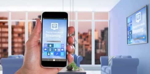 Poster - Composite image of cropped image of hand holding smart phone