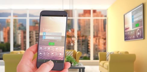 Poster - Composite image of female hand holding a smartphone