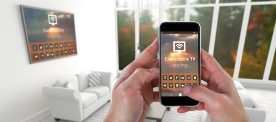 Poster - Composite image of female hand holding a smartphone