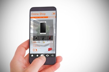 Poster - Composite image of female hand holding a smartphone