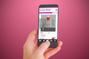 Poster - Composite image of female hand holding a smartphone