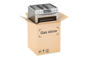Poster - Gas stove with cardboard box, delivery concept. 3D rendering