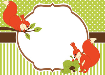 Wall Mural - 1038459 Vector Card Template with Cute Cartoon Squirrels on Polka Dot and Stripes Background.