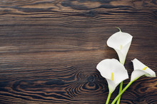White Calla Flowers On Wooden Background, Top View. Empty Space For Text