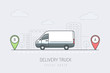 Delivery van in on the city road driving on route labeled with A and B location markers. Vector illustration in line art color style