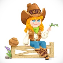 Cute Girl In A Cowboy Costume Sits On A Fence Isolated On A White Background