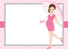1038479 Vector Card Template With A Pregnant Woman On Polka Dot Background. Vector Baby Girl.