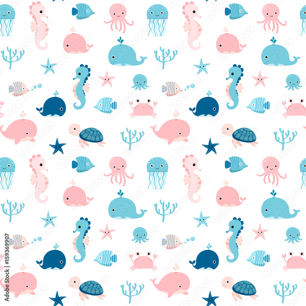 Cute summer seamless pattern with sea animals in blue and pink colors ...