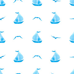 Wall Mural - Seamless sea pattern with sailing ships and seagulls on white. Marine vector background for baby kids design