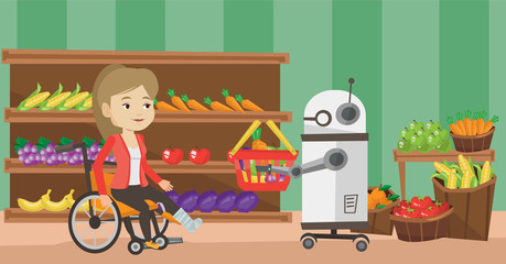 Sticker - Robotic helper working in supermarket. Robotic helper choosing groceries for a woman in wheelchair. Robotic helper helps to a woman in supermarket. Vector flat design illustration. Horizontal layout.