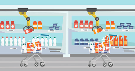 Sticker - Robotic arm putting groceries in shopping trolley in supermarket. Robotic arm choosing groceries in supermarket. Concept of robotic technologies. Vector flat design illustration. Horizontal layout.