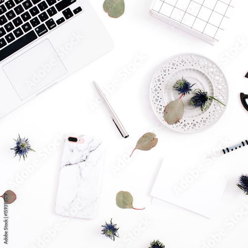 Flat Lay Home Office Desk Workspace With Laptop Mobile Phone Flat Lay Home Office Desk Workspace