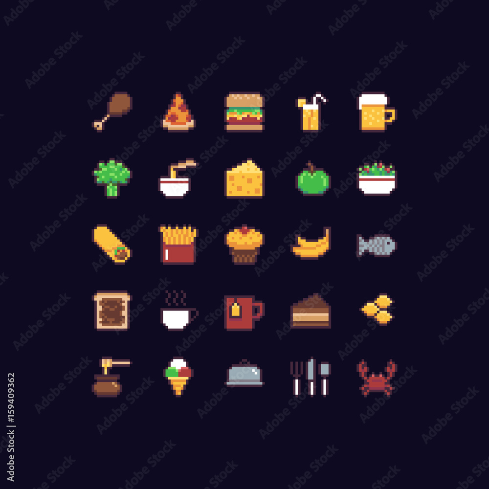 Pixel Art Food Icons Stock Vector | Adobe Stock