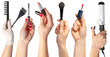 © fotofabrika - collection of hands holding tools for makeup isolated on white