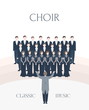 Vertical advertising poster of performance classical choir. Man and woman singers together with conductor. Colorful vector illustration in flat style with lettering.