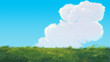 Green grasses meadow with clouds and blue sky background digital painting illustration