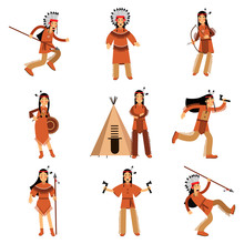 Native American Indians Characters In Traditional Clothing With Weapons And Other Cultural Objects Detailed Colorful Illustrations