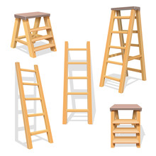 Wood Household Steps. Isolated Wooden Ladder Vector Set