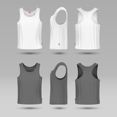 Wall Mural - Mans white blank tank singlet. Male shirt without sleeves vector template