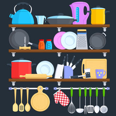 Canvas Print - Kitchen shelves with cookware and cooking equipment flat vector concept