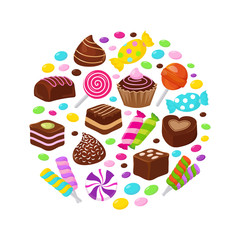 Canvas Print - Colourful fruit candies and chocolate sweets flat icons in circle design