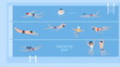 Horizontal illustration with swimmers in swimming pool. Top view. Various people and kids in water, swim in different ways. Colorful vector background in flat style with place for text.
