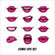 Comic female lips set. Mouth with a kiss, smile, tongue, teeth, open, closed lips. Vector comic illustration in pop art retro style isolated on white background.