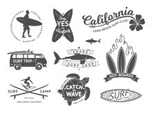Surf Boards Emblem And Badges Vector Set. Signs And Elements For Summer Labels Design