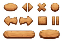 Wooden Buttons Set For Game Ui. Vector Cartoon Illustrations