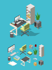 Poster - Isometric office workspace with different furniture and elements. Table, chair and computer, lamp and flowers