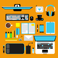 Poster - Computer gadgets top view. Vector promotional pictures set in flat style