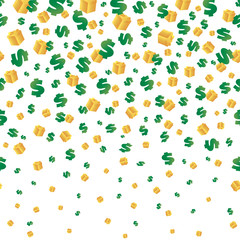 Flying green signs of dollars and the boxes with gifts. Vector illustration, seamless background.