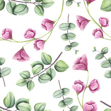 Seamless Pattern Of Watercolor Light Green Leaves And Little Pink Flowers