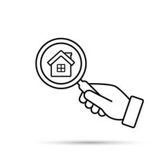 Poster - Hand with magnifier look for home vector outline icon. Search for home estate or buying icon