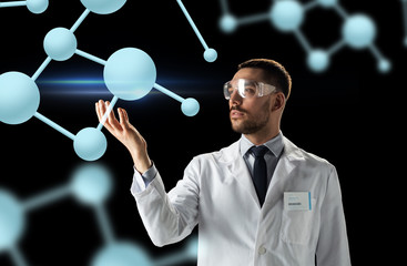 Canvas Print - scientist in lab coat and goggles with molecules