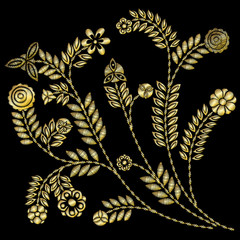 Wall Mural - Embroidery gold floral blooming with decorative flowers. Traditional golden contemporary folk ornament on black background for fashion design. Ethnic dress Asian blossom design. Vector.