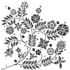 Wall Mural - Embroidery simplified floral pattern contemporary flowers. Asymmetrical traditional trend fashion ornament with leaves and various fantasy plants on white background. Embroidery flower patch. Vector.