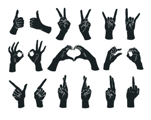 Gesture set. Female hands showing different signs. Vector.