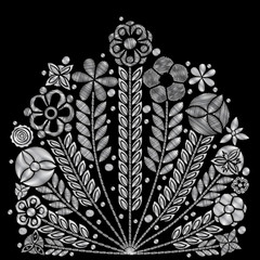 Wall Mural - Embroidery trend floral decorative pattern. Contemporary folk silver bouquets on black background for clothing, dress and jeans design. Vector.