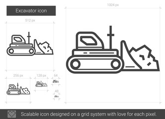 Canvas Print - Excavator vector line icon isolated on white background. Excavator line icon for infographic, website or app. Scalable icon designed on a grid system.