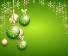 Green Christmas Background Decorated With Christmas Bulbs