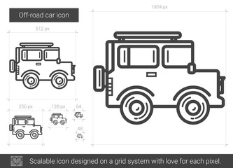 Sticker - Off-road car vector line icon isolated on white background. Off-road car line icon for infographic, website or app. Scalable icon designed on a grid system.