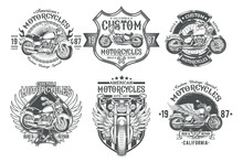 Set Vector Black Vintage Badges, Emblems With A Custom Motorcycle. Print, Template, Advertising Design Element For The Motor Club, Motorcycle Repair Shop
